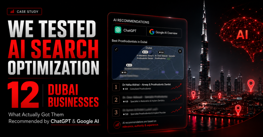 We ran a structured AI Search Optimization (AISO) experiment across 12 Dubai businesses in 6 industries over 90 days. Businesses that implemented structured schema, conversational content, and authority signals became the ones ChatGPT, Gemini, and Google AI Overviews actually recommend. One client, Dr. Hafsa Ali Idrissi at Dubai Healthcare City, ranked for “best prosthodontist in Dubai” on ChatGPT within 28 days of implementation. Here’s the full breakdown.