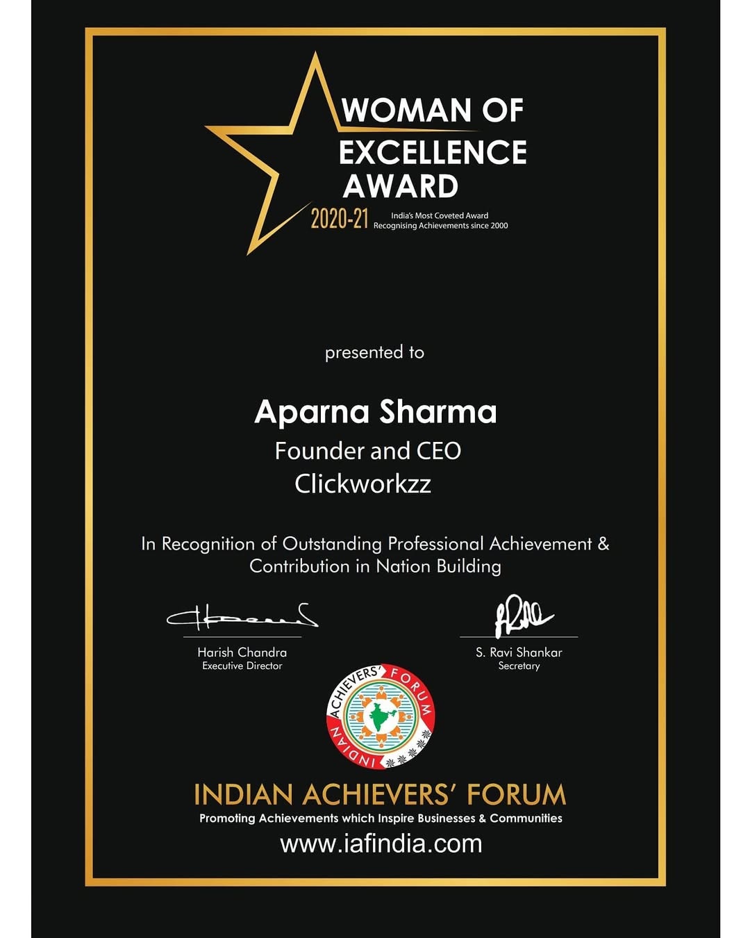 Aparna Sharma — Woman of Excellence Award 2020-21